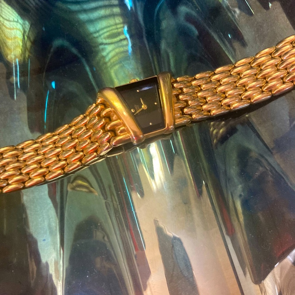 Rare 90’s Seiko Trapezoid Shaped Face Gold Tone Bracelet Watch with Black Dial